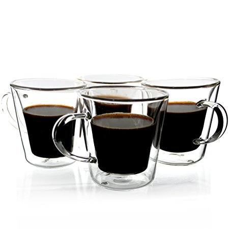 Janazala Espresso Cups Shot Glass Set of 4, Double-Wall Insulated Glass Coffee Cups, Borosilicate Glass, Model "TRAPEZIO", 3.5 oz, 100 mililiter