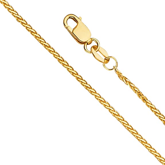 14k REAL Yellow Gold 1.5mm Diamond Cut Round Wheat Chain Necklace with Lobster Claw Clasp