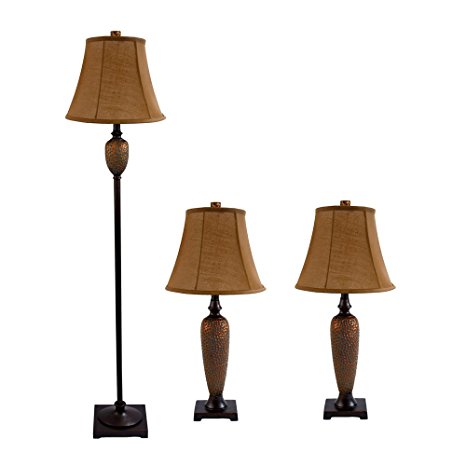 Elegant Designs LC1000-HBZ Three Pack Lamp Set (2 Table Lamps, 1 Floor Lamp), Hammered Bronze