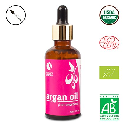 Fatima's Garden Argan Oil for Face, Hair, Skin and Nails, Moroccan Oil USDA Ecocert Certified Organic Pure Virgin Cold Pressed Moroccan Anti-aging Moisturizer (Normal, 1.7 Fl Oz)