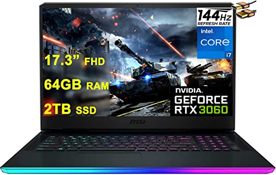 MSI GE76 Raider Gaming Laptop 17.3” FHD IPS 144Hz 11th Gen Intel 8-Core i7-11800H 64GB RAM 2TB SSD GeForce RTX 3060 6GB Backlit Thunderbolt USB-C MiniDP 2.5Gb Ethernet Win10   HDMI Cable