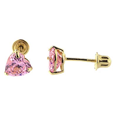 14k Yellow or White Gold Simulated Pink Tourmaline Heart Stud Earrings with Safety Screwbacks