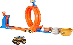 Hot Wheels Monster Trucks Toy Truck & Track Set, Loop-and-Flip Trophy Challenge Playset & 1:64 Scale 50th Anniversary Die-Cast Bigfoot, 2 Ways to Play