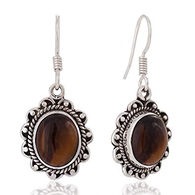 925 Oxidized Sterling Silver Natural Gemstone Oval Rope Edge Vintage Dangle Earrings 1.4"