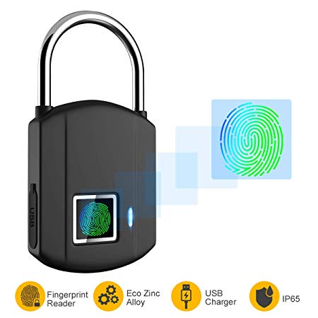 Fingerprint Padlock, IP65 Waterproof Smart Lock keyless Digital Lock, Travel Lock, USB Recharge Security Lock for School Locker, Gym, Door, Cabinet, Suitcase, Backpack, Indoor and Outdoor