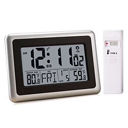 OCEST Digital Wall Clock,Desk Alarm Clock Large LCD Display Battery Operated with Wireless Sensor Indoor/Outdoor Temperature Date Calendar Snooze Table Standing (Silver)