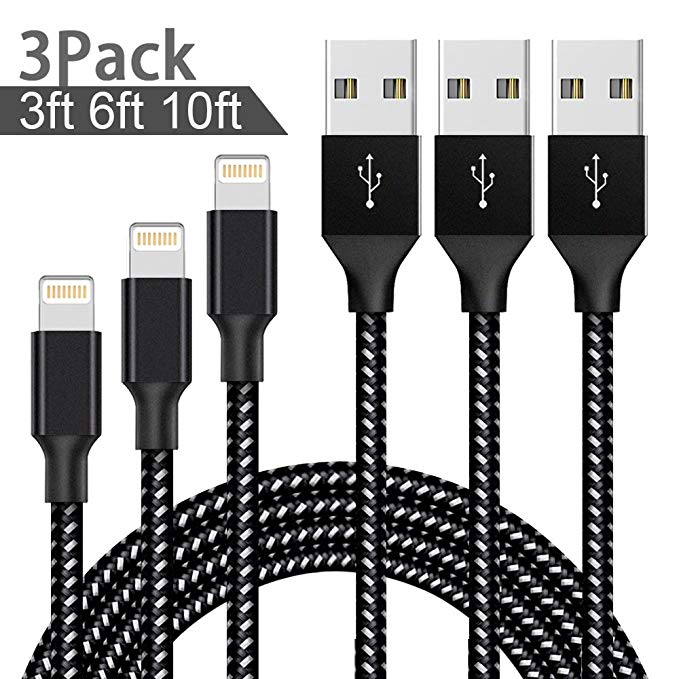 Cable,ONSON Charger Cables 3Pack 3FT 6FT 10FT to USB Syncing and Charging Cable Data Nylon Braided Cord Charger for iPhone 7/7 Plus/6/6 Plus/6s/6s Plus/5/5s/5c/SE and more-BlackWhite …