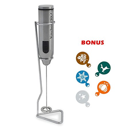 PREMIUM KITCHEN PRO Milk Frother plus STAND and FREE 5x Holiday stencils, fully electric STAINLESS STEEL Whisk Frother for BEST foamy, smooth, creamy RESULTS, Ideal for Cappuccino, Hot Chocolate, Shake