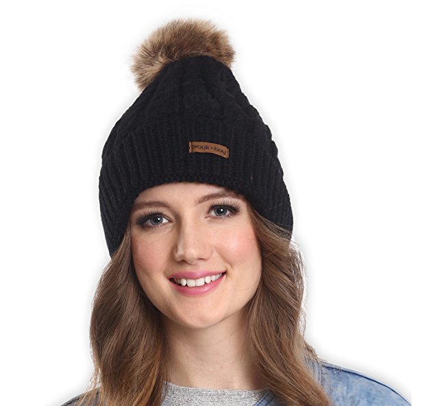 Faux Fur Pom Pom Beanie by Brook   Bay - Stay Warm & Stylish this Winter - Thick, Soft & Chunky Cable Knit Beanie Hats for Women & Men - Serious Beanies for Serious Style (with 7  Colors)