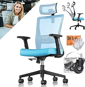 KESSER® Bürostuhl Ergonomisch mit verstellbaren Armlehnen | Drehstuhl mit Lendenwirbelstütze Rückenschonend | Schreibtischstuhl mit Kopfstütze | Office Chair Wippfunktion bis 125° mit 5X Gummirollen