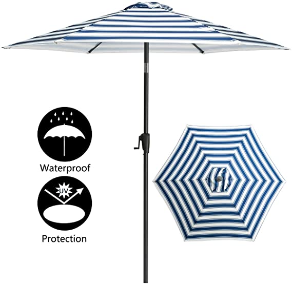 TAGI 7.5 Feet Hand Shake Outdoor Patio Umbrella 6 Rib Crank Lift Hand tilt, Blue and White Stripes