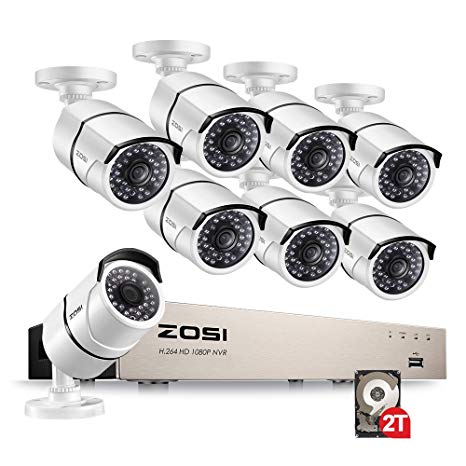 ZOSI Full HD 1080P PoE Video Security Cameras System,8CH 1080P Surveillance NVR, 8x2.0 Megapixel Outdoor Indoor Weatherproof IP Cameras, 100ft Night Vision with 2TB Hard Drive, Power over Ethernet