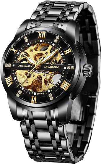 Mens Watches, Automatic Watches for Men Self-Winding Skeleton Mechanical Mens Watch Gift Luxury Diamond Dial Stainless Steel Bracelet Gifts for Men Montre Homme Cadeau