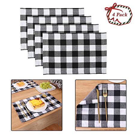 Morinostation Set of 4 Buffalo Check Placemats, Farmhouse Plaid Place Mats Washable Heat Resistant Kitchen Dinning Table Mats, Black and White