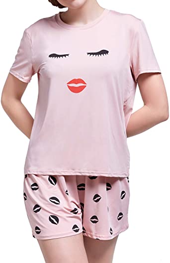 wishpower Print Pajama Set Women's Short Sleeve Top with Pants/Shorts Summer Sleepwear Pjs Sets