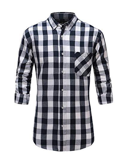 Emiqude Men's 100% Cotton Slim Fit Long Sleeve Button Down Plaid Dress Shirt