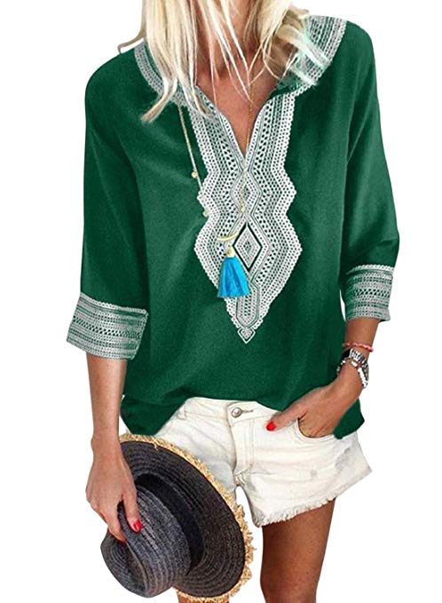 FARYSAYS Women's Summer Boho Embroidered V Neck Short Sleeve Casual T-Shirt Tops Loose Blouse