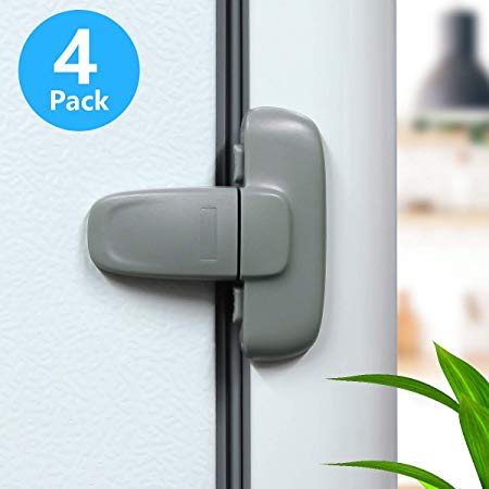 Home Refrigerator Fridge Freezer Door Lock, Latch Catch Toddler Kids Child Fridge Locks Baby Safety Child Lock, Easy to Install and Use 3M Adhesive no Tools Need or Drill(4 Pack, Grey)