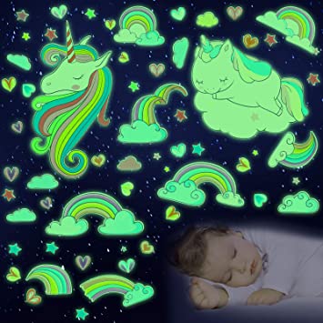 152 Pieces Stickers for Ceiling Unicorn Themed Wall Decals for Girls Bedroom Decor, Glowing Rainbow Heart Kids Wall Stickers Unicorn Decals Room Home Birthday Party Decoration (Glow in The Dark)