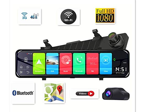Quad Core Car DVR Camera,12 inch 4G Android 8.1, GPS Navigation Dual Lens Rearview Mirror Dashcam, Bluetooth FM Transmitter, Digital Video Recorder