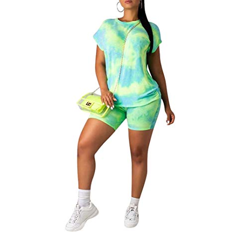 acelyn Women's Casual Shorts Set - Tie Dye Short Sleeve T-Shirts Biker Short Tracksuit Set 2 Piece Outfits