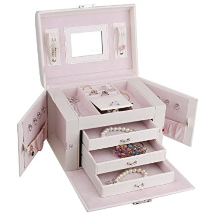 Rowling Jewelry Box Lockable Makeup Storage Case with Mirror Z165 (White)