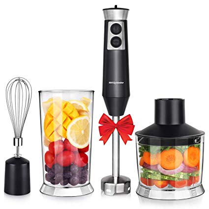 Powerful 4-in-1 Immersion Hand Blender Set, 500W Multi-Speed Heavy Duty Pure Copper Motor, Stainless Steel Finish, Includes Food Chopper, Whisk Attachment, BPA-Free, cETLus Listed, FDA (Black)