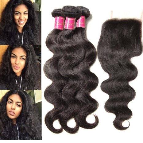 ALI JULIA 18 20 22 18 Inch Brazilian Body Wave Hair 3 Bundles with 1PC 44 Free Part Lace Closure 100 Unprocessed Human Hair Weave Extensions Natural Color
