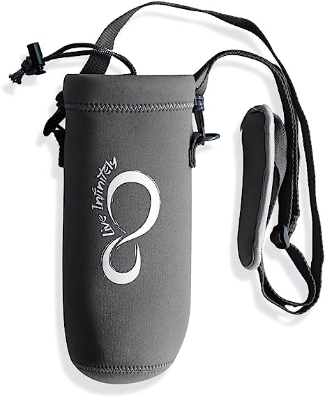 Live Infinitely Universal Water Bottle Carrier - Removable & Adjustable Strap Bottle Holder for Walking, Running & Hiking - Keeps Drinks Cold Due to Insulated Neoprene Sleeve - Black