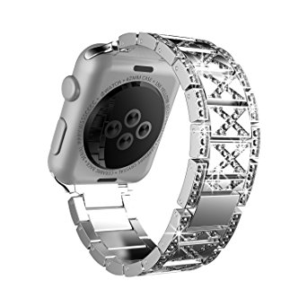 Crystal Rhinestone Diamond Watch Strap, Luxury Stainless Steel Quick Release Bracelet with Adjustable Metal Clasp for Apple Watch Series 3/Series 2 /Series 1 Nike  Edition Men and Women (42mm Silver)