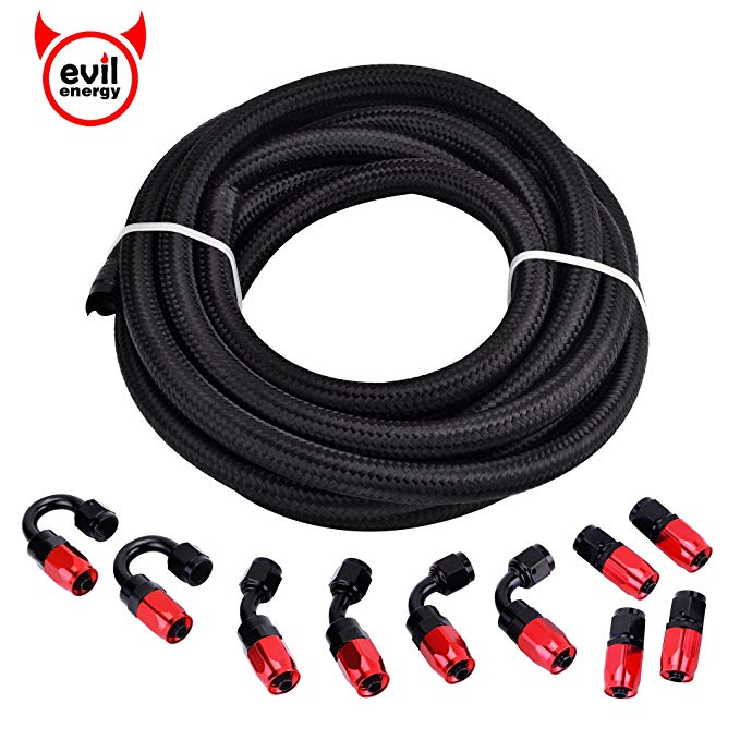 EVIL ENERGY 6AN 3/8" Universal Nylon Stainless Steel Braided CPE Fuel Line Fittings Kit 16FT(8.71mm ID)