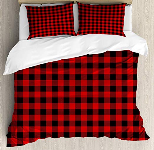 Ambesonne Plaid Duvet Cover Set Queen Size, Lumberjack Fashion Buffalo Style Checks Pattern Retro Style with Grid Composition, Decorative 3 Piece Bedding Set with 2 Pillow Shams, Orange Black