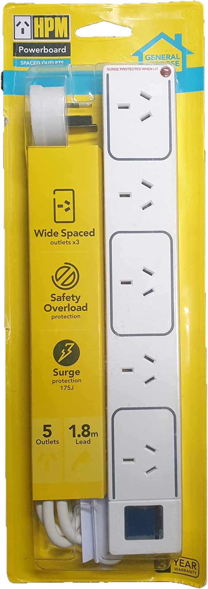 HPM 5 Outlet Surge Protected Powerboard