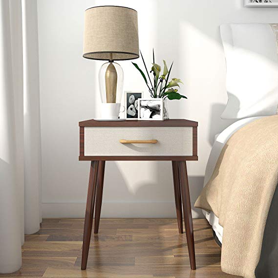 Lifewit Nightstand with 1 Fabric Beige Drawer End Table Side Table, Sturdy and Easy Assembly,Modern Design Accent Table for Bedroom, Living Room, Apartment, 15.8 × 15.8 × 20 inches, Brown