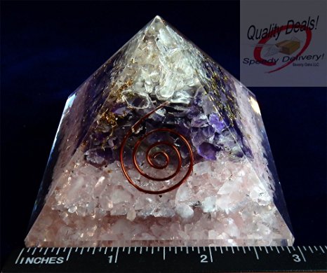 Charged Chakra New Orgonite Orgone Rose Quartz, Amethyst & Clear Quartz Pyramid Crystals Gemstones Copper Metal Mix Reiki Chakra