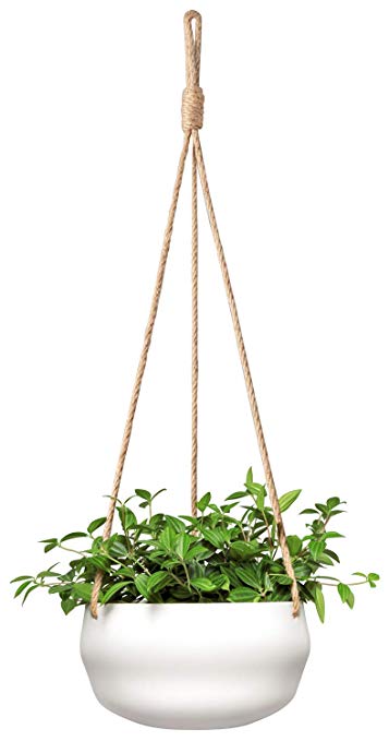 Mkono Modern Ceramic Hanging Planter for Indoor Plants Porcelain Hanging Plant Holder 8 Inch Geometric Flower Pot with Jute Rope, White