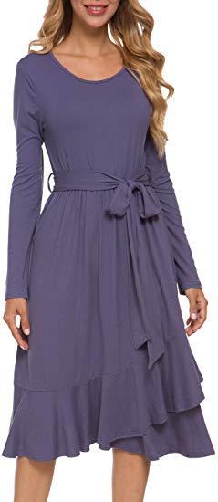 levaca Women's Plain Long Sleeve Flowy Modest Midi Work Casual Dress with Belt