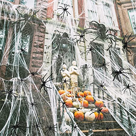 Kidcia Spider Webs Halloween Decorations, 1000 sqft Stretch Cobwebs with 80 Pcs Fake Plastic Spiders for Outdoor & Indoor Decor, Scary White Spiderweb Suitable for Halloween Wall/ Tree/ Lawn/ Yard/ House Party Decoration