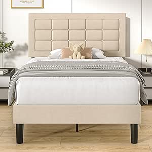 VECELO Twin Size Bed Frame with Adjustable Headboard, Upholstered Button Tufted Platform Bedframe with Wood Slats Support, No Box Spring Needed, Beige