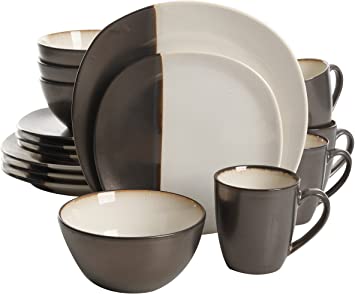 Gibson Elite 102271.16RM Volterra 16 Piece Reactive Glaze Soft Square Dinnerware Set, Cream and Grey