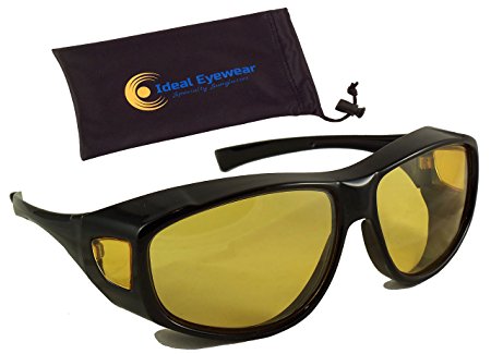 Night Driving Fit Over Glasses by Ideal Eyewear - Wear Over Prescription Glasses - Yellow Lens for Better Night Vision