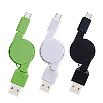 USB Cable, Retractable Cable, INEER 3-Pack High Speed USB 2.0 A Male to Micro B Data Sync & Charge Cable for Android, Samsung Galaxy, HTC, LG, Sony, Blackberry, Nokia, HP, PS4 and More Android Device