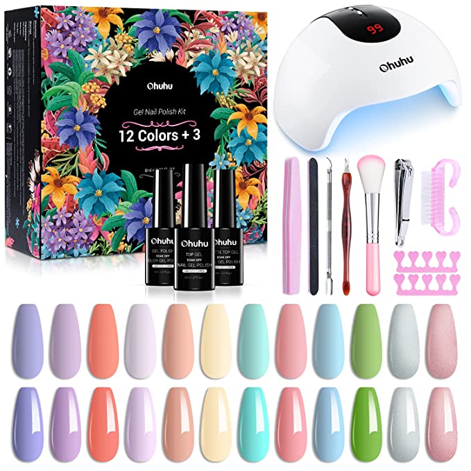 Gel Polish Kit with UV Light, Ohuhu 12 Colors Gel Nail Polish Set with Glossy and Matte Top Coat Soak Off, 36W UV LED Lamp, Soak Off, for Girls Mother Women Nail Art Christmas Gift - Macaron Colors