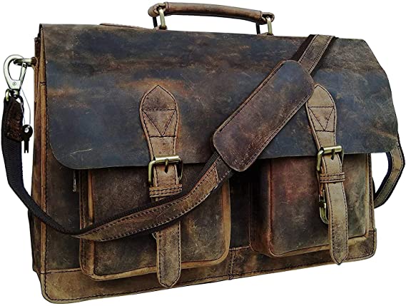 Genuine Retro Buffalo Hunter Leather Laptop Messenger Bag Office Briefcase College Bag Leather Bag for Men and Women (18 Inches)