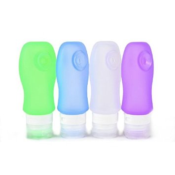 RioRand Leak Proof TSA Approved Silicone Travel Bottles / Toiletry Tubes - Squeezable Cosmetic Containers with Suction Cup for Vacation, Business, Camping - 3 oz and 4 Pack a Set