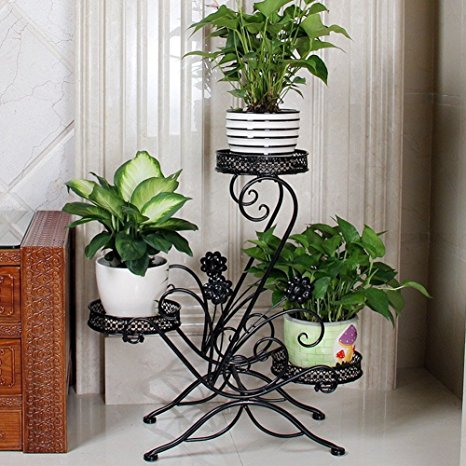AISHN 3-Tiered Scroll Classic Plant Stand Decorative Metal Garden Patio Standing Plant Flower Pot Rack Display Shelf Holds 3-Flower Pot with Modern "S" Design (Black)