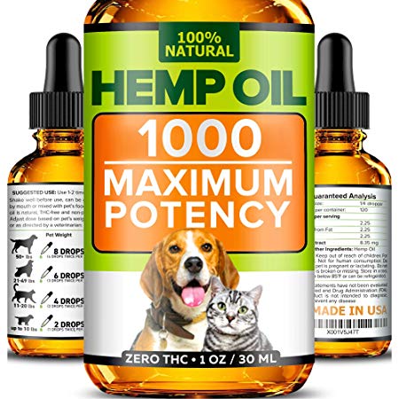 Oil for Dogs and Cats - 1000mg - Premium Extract - Advanced Formula - Grown & Made in USA - Omega 3, 6 & 9 - Supports Hip & Joint Health, Natural Relief for Pain, Separation Anxiety