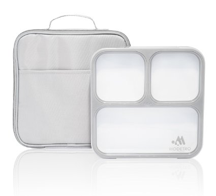 Bento Lunch Box - 3 Portion Control Leak Proof Compartments - Includes Matching Adult Insulated Lunch Bag - Ultra Slim Lunchbox Container Cool Grey