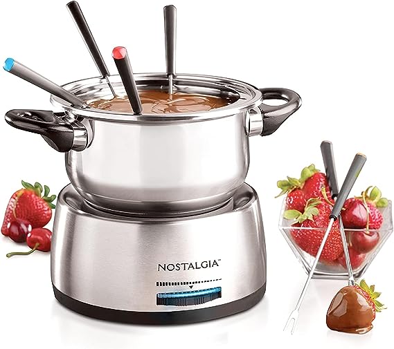 Nostalgia FPS200 6-Cup Stainless Steel Electric Fondue Temperature Control, 6 Color-Coded Forks and Removable Pot-Perfect for Chocolate, Caramel, Cheese, Sauces