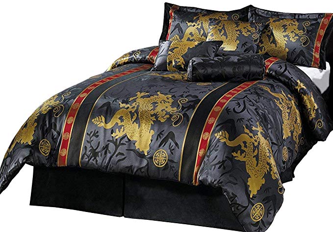 Chezmoi Collection 7-Piece Palace Dragon Jacquard Comforter Set, California/California King, Black/Gold/Red